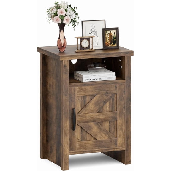 LEHOME Farmhouse Nightstand, Modern Bedside Table with Barn Door and Shelf, Rustic End Table Side Table for Bedroom, Living Room (1, Rustic Oak)