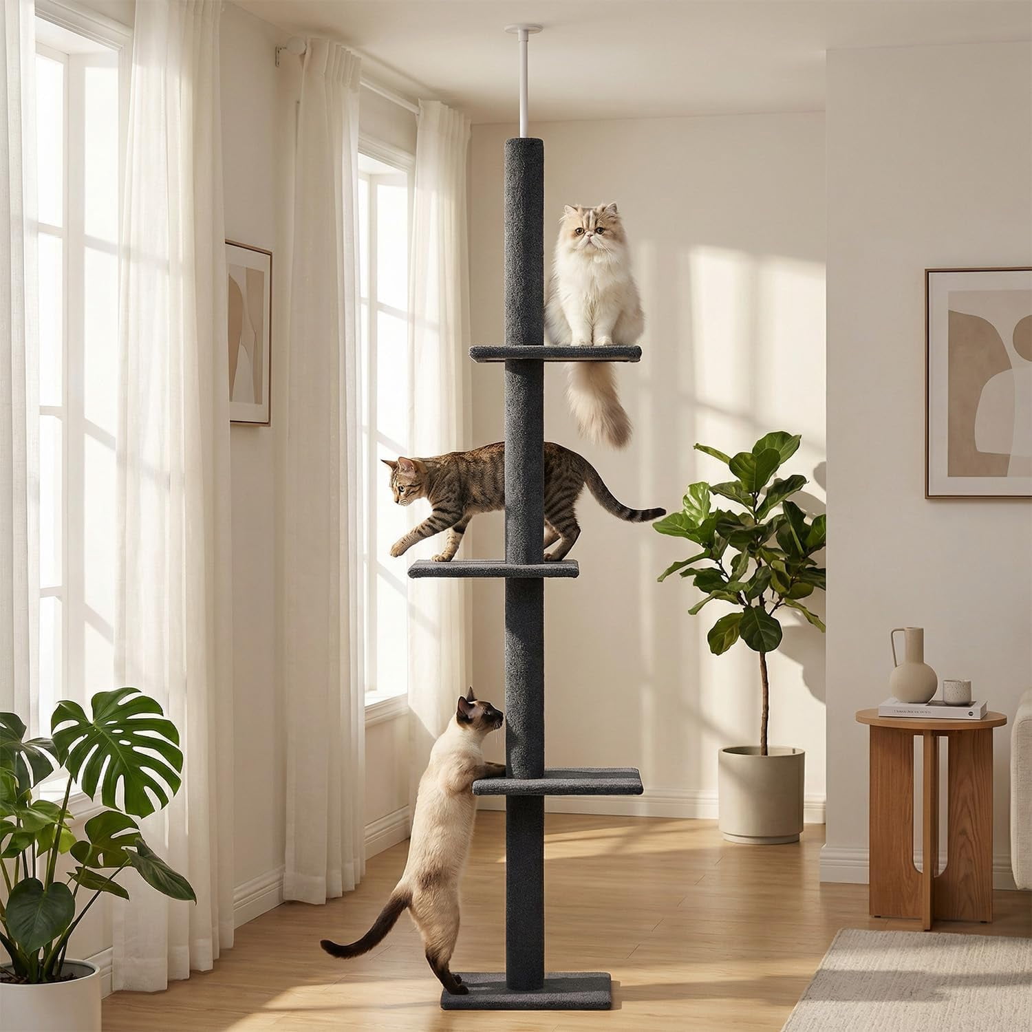 LEHOME Floor to Ceiling Cat Tree, Adjustable Height 89.8"-107.5" Tall Cat Tower with 3 Spacious Platforms, 3 Dark Grey Scratching Post for Indoor Cats