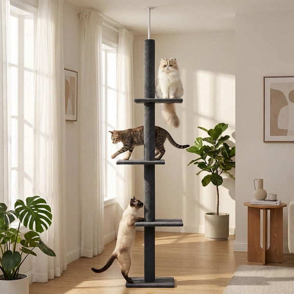 LEHOME Floor to Ceiling Cat Tree, Adjustable Height 89.8"-107.5" Tall Cat Tower with 3 Spacious Platforms, 3 Dark Grey Scratching Post for Indoor Cats