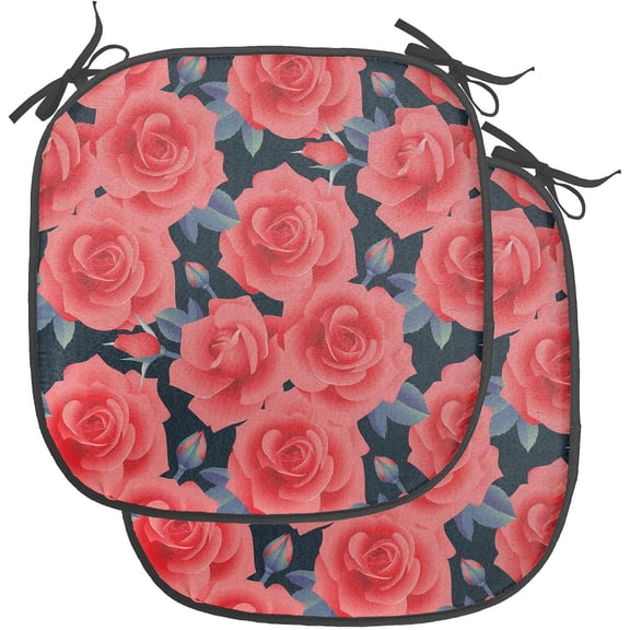 LEHOME Floral Chair Seating Cushion Set of 4, Romantic Roses for Lovers Valentines Shabby Perennial Flower Buds Pattern, Anti-Slip Seat Padding for Kitchen & Patio, 16"x16", Dark Coral Dark Blue