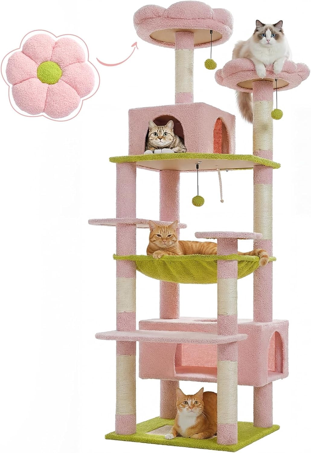 LEHOME Flower Cat Tree, 72 Inches Large Cat Tower with Steel Frame Hammock and 7 Scratching Posts, Tall Cat Tree with 2 Condos and Perches for Large Indoor Cats - Pink