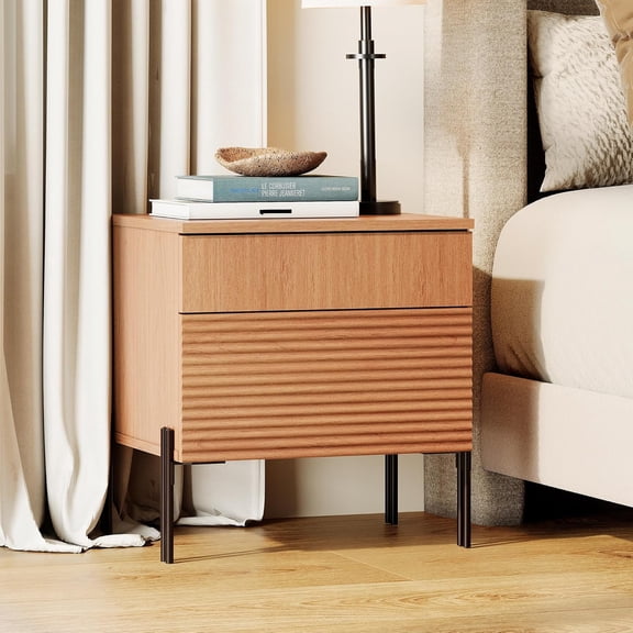 LEHOME Fluted Nightstand with Charging Station, Modern Side Table with 2 Drawers, Mid-Century End Table Beside Table for Bedroom, Living Room, Mocha