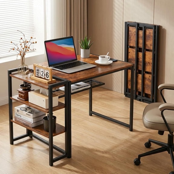 LEHOME Folding Desk, 35 Inch Foldable Computer Desk with Storage Shelf, Small Computer Desk for Small Spaces, No Assembly Writing Table for Remote Work Corner Reading Room, Brown