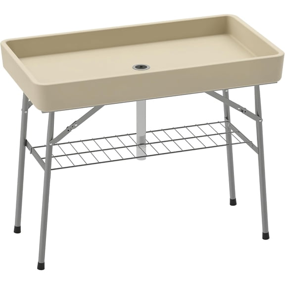 LEHOME Folding Ice Cooler Table with Drain, Fill and Chill, Tan, 40.6"L x 22"W x 32.3"H, Modern Picnic Table