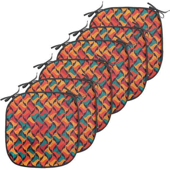 LEHOME Geometric Chair Seating Cushion Set of 6, Abstract Funky Waves Contemporary Style Pastel Tribal Effects, Anti-Slip Seat Padding for Kitchen & Patio, 16"x16", Jade Green Orange