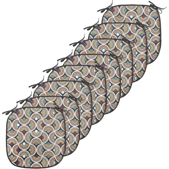 LEHOME Geometric Chair Seating Cushion Set of 8, Abstract Mosaic with Half Spirals Forming Digital Circle Lace Display, Anti-Slip Seat Padding for Kitchen & Patio, 16"x16", Sepia Ruby Dark Blue