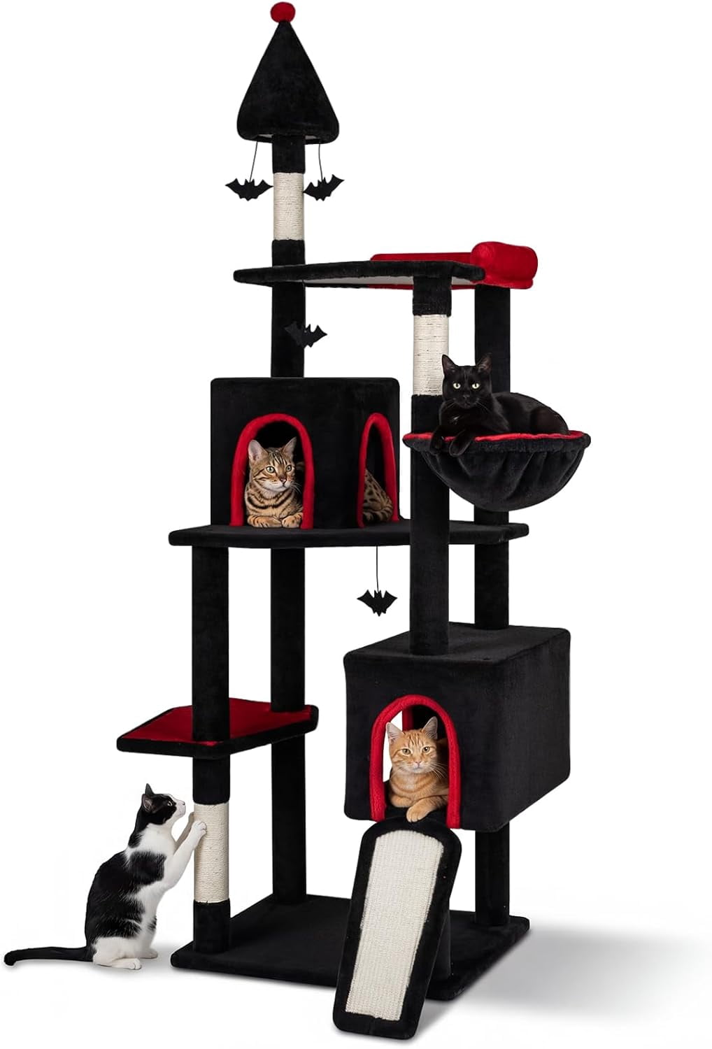 LEHOME Gothic Cat Tree, 75" Tall Halloween Cat Tower with Sisal Scratching Posts & Ramp, 2 Condos, Top Perch, Bat Hanging Toys, Basket, Heavy Duty Black Goth Cat Tree for Indoor Large Cats 20+ LBS