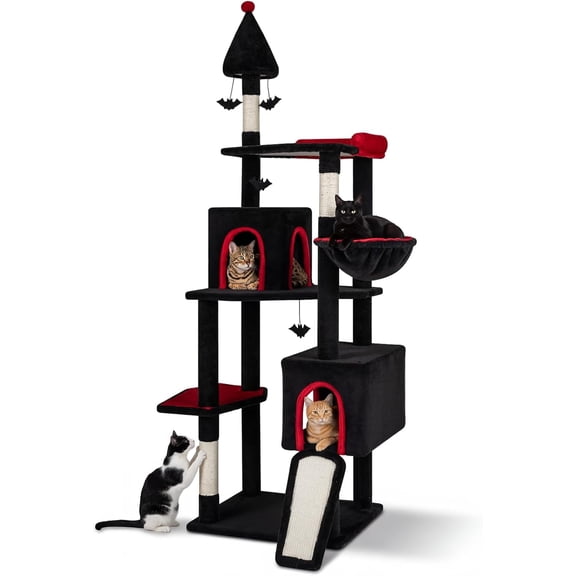 LEHOME Gothic Cat Tree, 75" Tall Halloween Cat Tower with Sisal Scratching Posts & Ramp, 2 Condos, Top Perch, Bat Hanging Toys, Basket, Heavy Duty Black Goth Cat Tree for Indoor Large Cats 20+ LBS