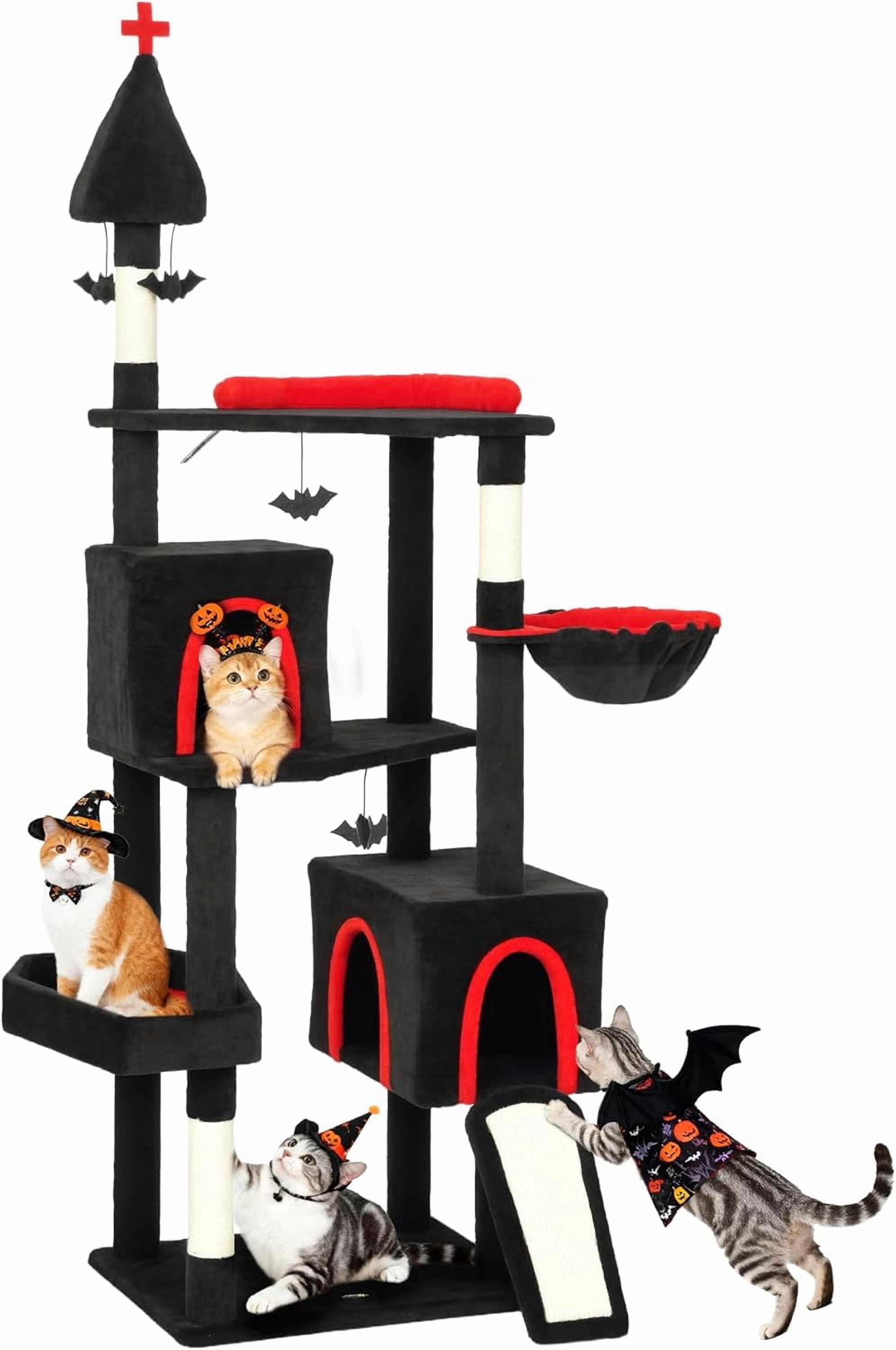 LEHOME Gothic Cat Tree, 78" Extra Tall Cat Tower for Indoor Kittens with 2 Spacious Condos, Sisal Scratching Posts, 4 Bat Hanging Balls, Comfy Hammock, Ramp, Bed, Black and Red Halloween