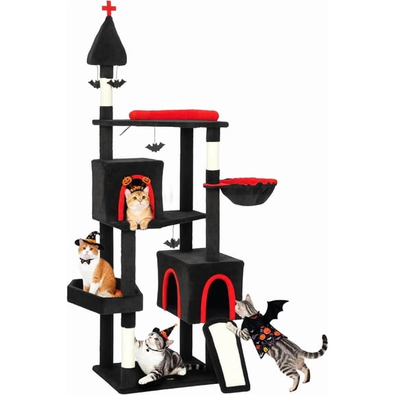 LEHOME Gothic Cat Tree, 78" Extra Tall Cat Tower for Indoor Kittens with 2 Spacious Condos, Sisal Scratching Posts, 4 Bat Hanging Balls, Comfy Hammock, Ramp, Bed, Black and Red Halloween