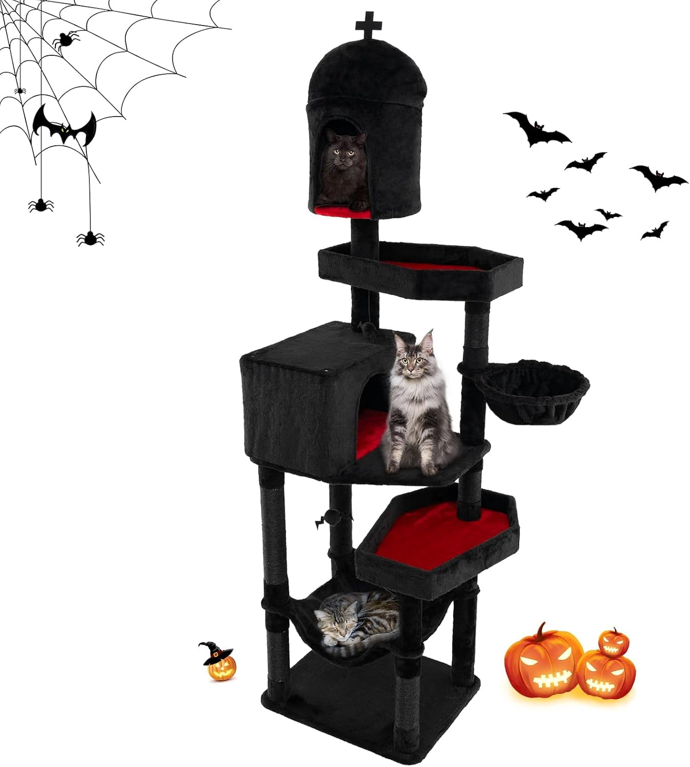 LEHOME Gothic Cat Tree, 83 Inch Tall Cat Tower with Sisal Covered Scratching Posts, 2 Coffin Beds, 2 Cat Condos, Hammock, Basket Bed, Halloween Pet Furniture, Black Goth Cat Tree for Indoor Cats