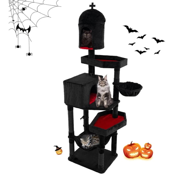 LEHOME Gothic Cat Tree, 83 Inch Tall Cat Tower with Sisal Covered Scratching Posts, 2 Coffin Beds, 2 Cat Condos, Hammock, Basket Bed, Halloween Pet Furniture, Black Goth Cat Tree for Indoor Cats