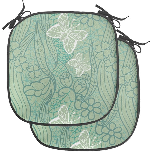 LEHOME Green Chair Seating Cushion Set of 4, Lace Style Graphic Pattern of Flourishing Forest Elements Butterflies, Anti-Slip Seat Padding for Kitchen & Patio, 16"x16", Pale Green Turquoise
