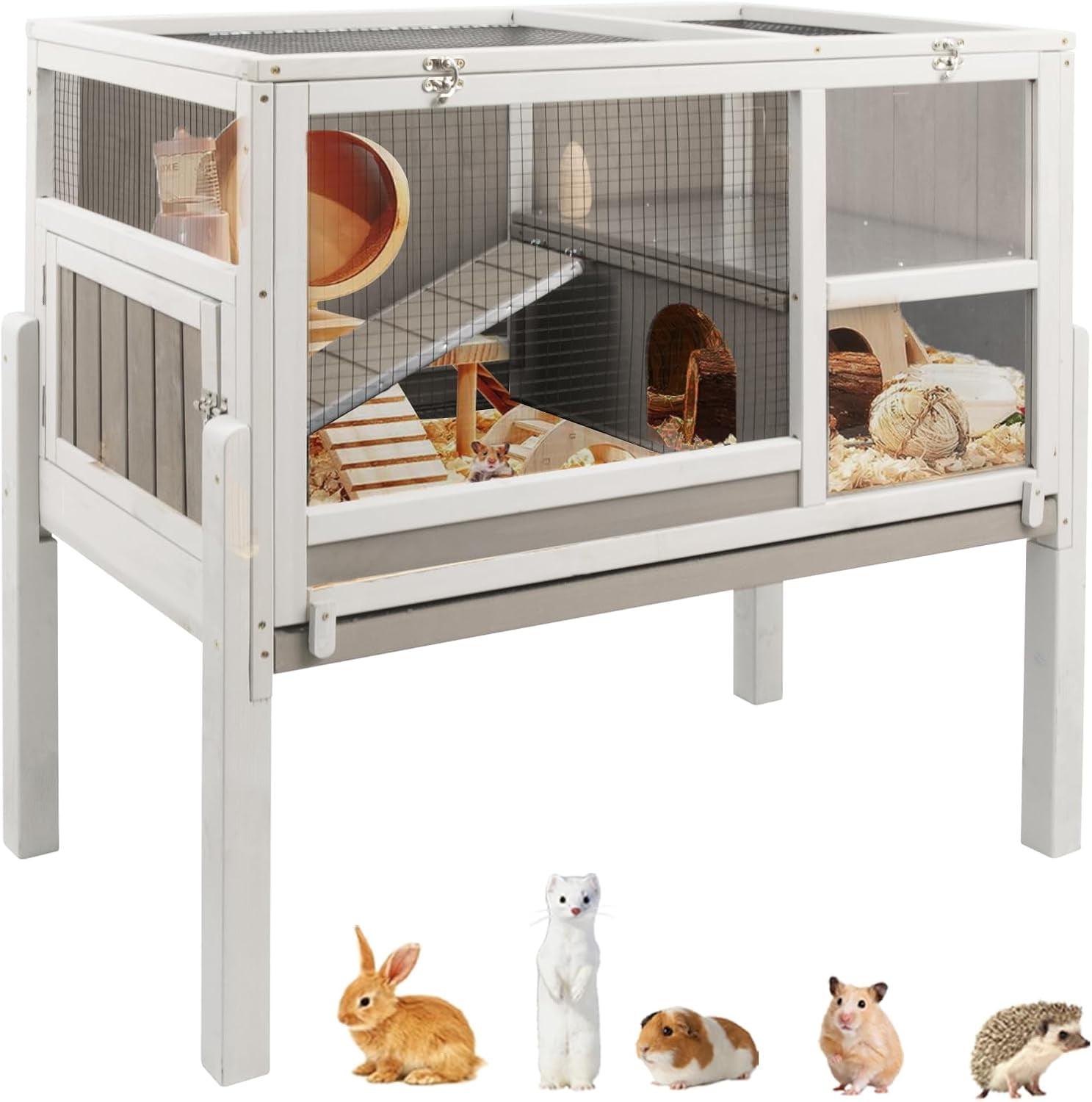 LEHOME Guinea Pig Cages Indoor, Wooden Guinea Pig Cages with Stand, Rabbit Cage Hutch with Ramp and Hideout, Small Animals Cage Habitat with Not Leakage Pull Out Tray