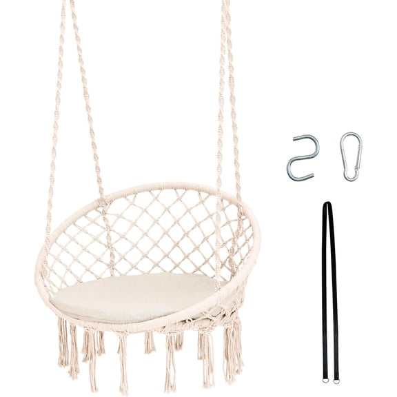 LEHOME Hammock Chair with Cushion, Bohemian Style Macrame Swing Chair with Hanging Hardware Kit & Strap, Indoor Outdoor Hanging Rope Swing for Bedroom, Indoor, Outdoor (Beige)