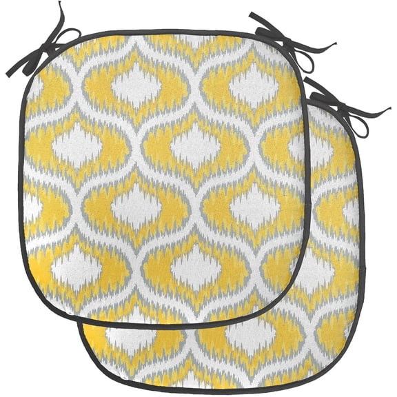 LEHOME Ikat Chair Seating Cushion Set of 2, Oval Shaped Design Vivid Color Ogee Motif Indonesian Culture Inspired Pattern, Anti-Slip Seat Padding for Kitchen & Patio, 16"x16", Yellow Grey White