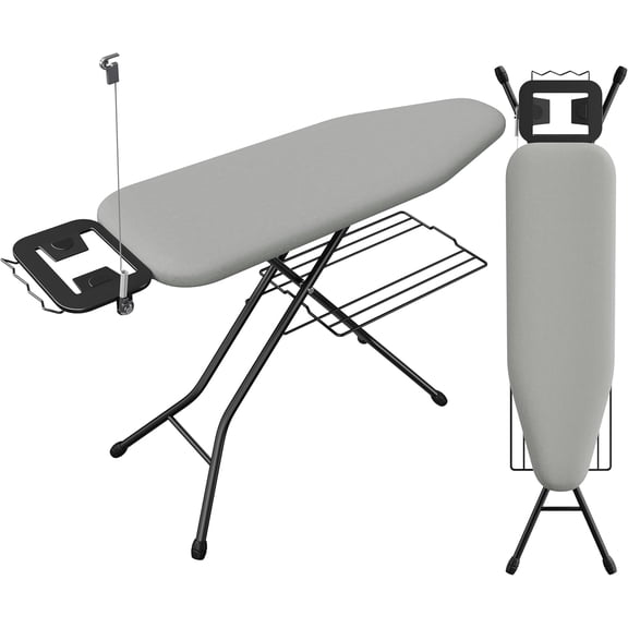 LEHOME Ironing Board, Compact Iron Board with Cord Holder, Steam Iron Rest and Bottom Storage Tray, 9 Adjustable Heights & 3 Layer Cover, Folding Heavy Duty Ironing Board 52X14, Gray