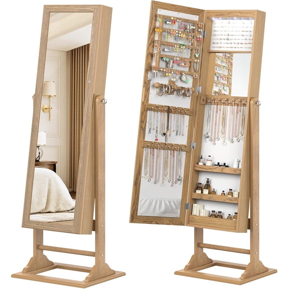 LEHOME Jewelry Armoire with Full Length Mirror, Lockable Jewelry Cabinet with Large Jewelry Storage, 6 LED Lights, Inner Makeup Mirror, Standing Jewelry Organizer Box (Wood Grain)