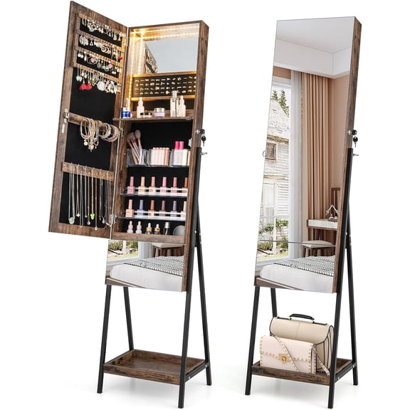 LEHOME Jewelry Cabinet Armoire, Standing Jewelry Organizer with Full-Length Mirror & Built-in Makeup Mirror, Lockable Jewelry Armoire with 3-Color LED Lights, for Girl Women Bedroom (Rustic Brown)