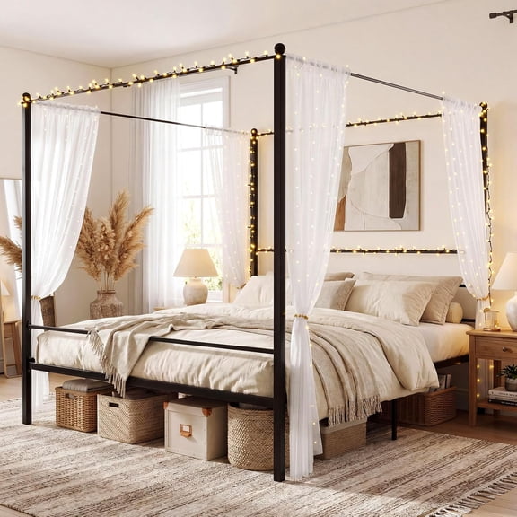 LEHOME King Size Metal Canopy Bed Frame, Modern Platform Bed Frame with 4 Poster & Headboard, Mattress Foundation with Sturdy Metal Slat Support, No Box Spring Needed, Easy Assembly, Black