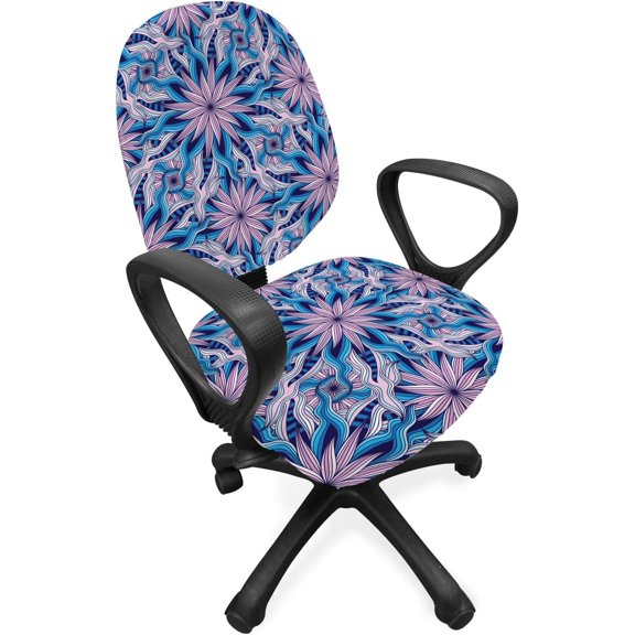 LEHOME Mandala Office Chair Slipcover, Trippy Inspirations of Flowery Shapes as Digital Motif with Wavy Lines Print, Decorative Stretch and Washable Fabric Cover, Standard Size, Purple and Blue