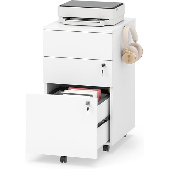 LEHOME Mobile File Cabinet with 3 Drawers, Wooden Rolling Filing Cabinet with Lock, Under Desk File Organizer for A4/Letter/Legal Size, for Home Office, Study (White)