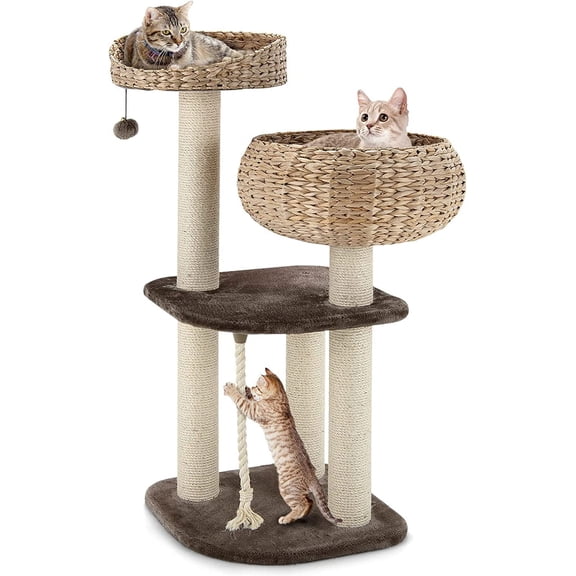 LEHOME Modern Cat Tree for Indoor Cats, Small/Tall Cat Tower with Natural Sisal Scratching Post, Hand-Made Wicker Cat Condo & Top Perch, Funny Hanging Toy Ball, Cute Cat Tree Tower for Large Cats
