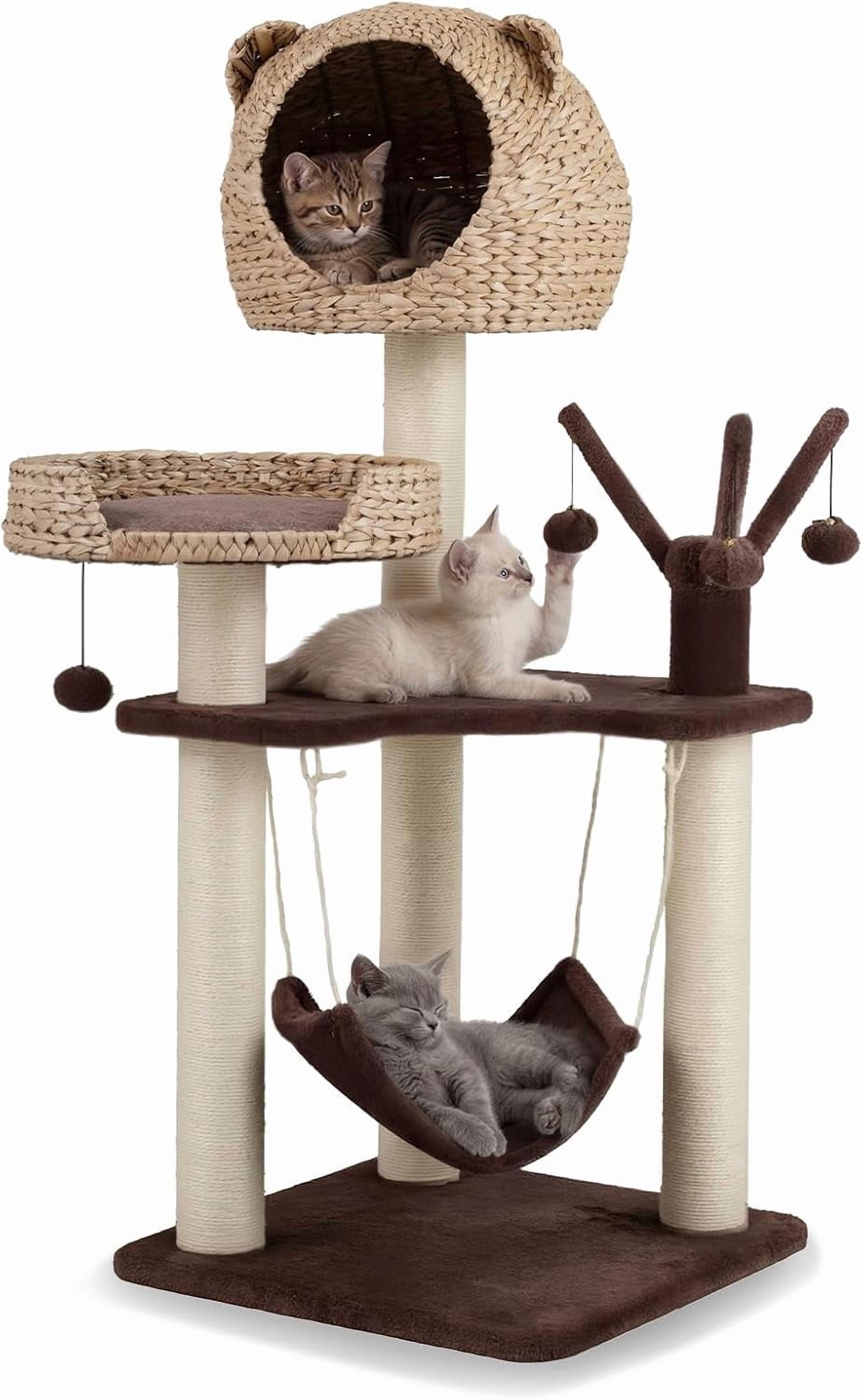LEHOME Modern Cat Tree Tower, Multi-Level Tall Activity Center with Natural Sisal Scratching Posts, Hammock, Hand-Made Cattail Cute Condo with Funny Toy Balls (Brown)