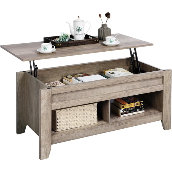 LEHOME Modern Lift Top Coffee Table with Hidden Storage Compartment & 2 Open Shelf, Rising Center Accent Table Farmhouse Table for Living Room Office, 24.2in H, Gray