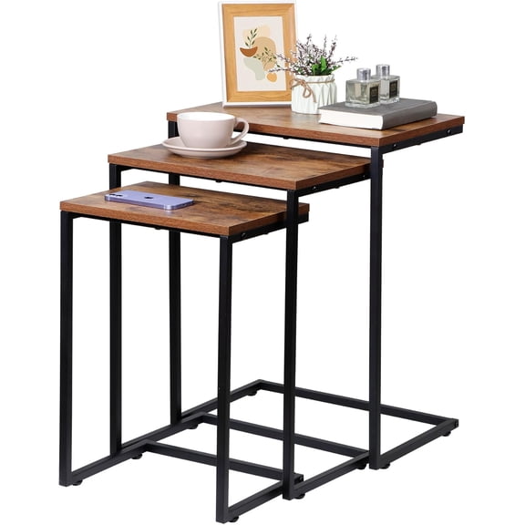 LEHOME Modern Nesting Coffee Table, Set of 3 Square Stacking Accent Table End Table C-Shape with Metal Frame for Living Room Bedroom, Rustic Brown