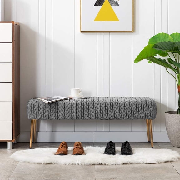 LEHOME Modern Quilt Velvet Ottoman Bench, Upholstered Entryway Bench for livingroom Bedroom Benches for End of Bed with Gold Legs, Padded Soft Dining Kitchen Bench Vanity Benches,Grey