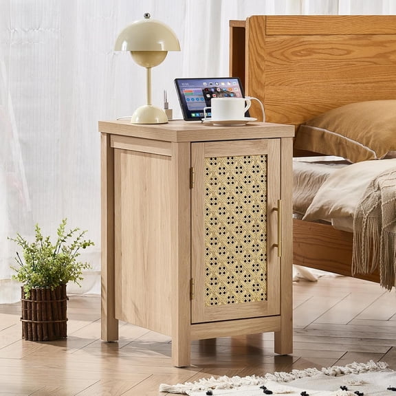 LEHOME Narrow Night Stand with Charger Station, Rattan Bedside Table with Woven Cane Door and Adjustable Shelf, Boho Nightstand Storage Organizer Cabinet, Wood Side End Tables for Living Room Bedroom