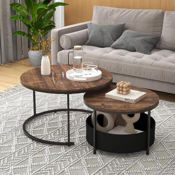 LEHOME Nesting Table Set of 2, 31.5" Round Coffee Table with Removable Fabric Basket & Metal Frame, Small Wood Nesting Tables for Living Room Bedroom Apartment (Rustic Brown)