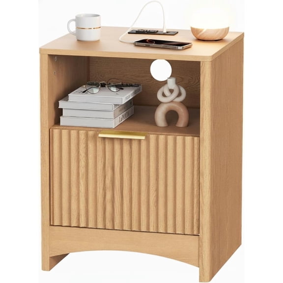 LEHOME Nightstand with Charging Station, Fluted Bedside Table with Storage & Drawer, Modern End Tables with USB & AC Outlets, Small Wood Night Stand for Bedroom, Light Oak
