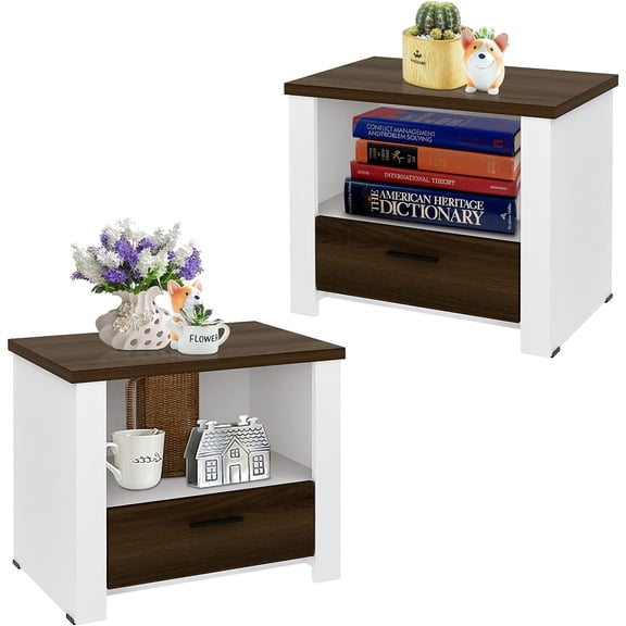 LEHOME Nightstand Set of 2, End Table with Glide Sliding Drawer & Open Cabinet, Modern Sofa Side Table for Bedroom, Easy Assembly, Walnut & White