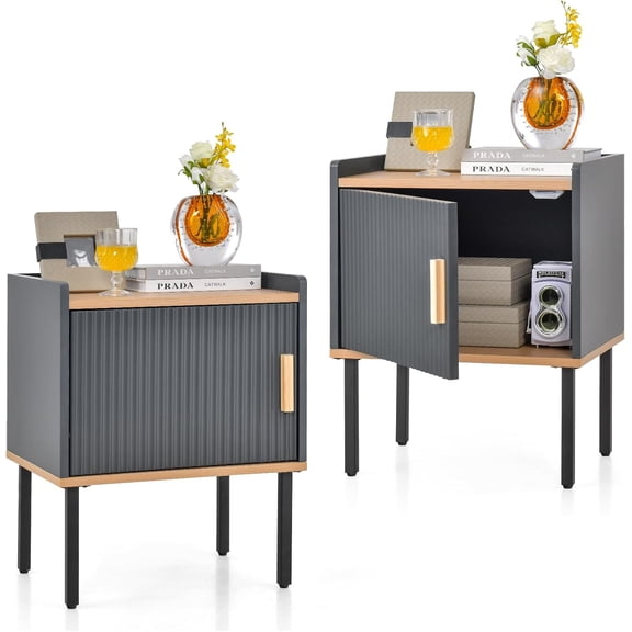 LEHOME Nightstand with Storage Set of 2, Bedside Table with Single Door Cabinet, Compact Floor Side Table with Heavy-Duty Metal Legs, Modern End Table for Living Room, Bedroom, Small Space, Gray