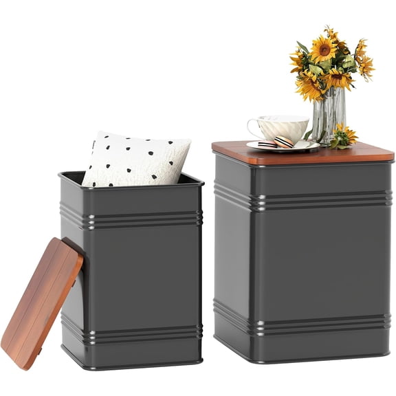 LEHOME Ottoman with Storage Set of 2, Industrial Accent Side Table with Removable Wood Lid, Metal Frame and Hidden Space, Nesting Ottoman Stool for Living Room, Black