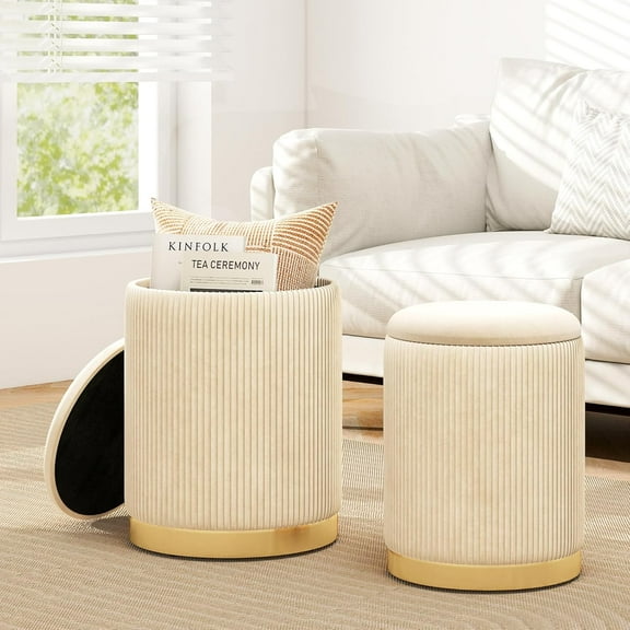 LEHOME Ottoman with Storage - Set of 2 Storage Ottomans, 1 Large & 1 Small Nesting Ottoman Side Table, Upholstered Velvet Round Foot Rest Vanity Stool for Bedroom Living Room (Beige & Golden)