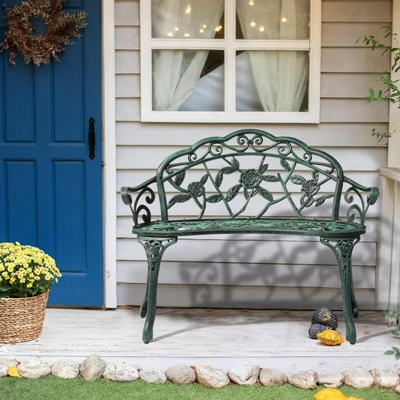 LEHOME Outdoor Bench, 38"" Cast Aluminum Garden Bench Anti-Rust Weather Resistant Patio Bench Rose Pattern Bench for Front Porch, Backyard, Lawn, 1, Green