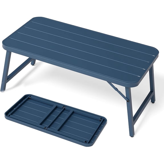 LEHOME Outdoor Folding Coffee Table, Rectangle Drainable Iron Patio Table for Balcony, Porch, and Living Room, Blue