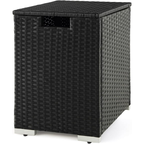 LEHOME Outdoor Propane Tank Cover Table, Patiojoy Wicker Hideaway Table for Gas Fire Pits, 20 lbs Propane Tank Storage Box, Outdoor Wicker Side Table & Propane Tank Holder (Black)