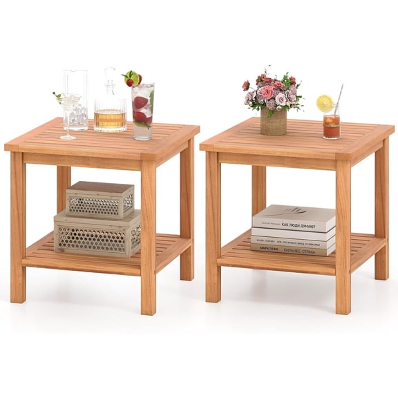 LEHOME Outdoor Side Table, 2-Tier Acacia Wood Square End Table with Slatted Tabletop & Storage Shelf, Indoor Outdoor Wooden Accent Bistro Patio Table for Backyard, Poolside, Garden, Natural (2)