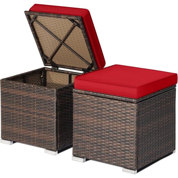 LEHOME Outdoor Storage Ottoman Wicker 2 Piece, Patio Ottomans PE Rattan Foot Rest Footstool with Cushions for Couch, Chair, Red