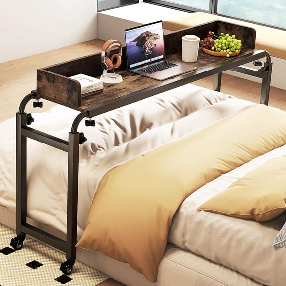 LEHOME Overbed Table with Wheels, 81" Queen Size Bed Desk with Adjustable Height and Length, Rolling Laptop Table with Metal Frame, Computer Desk for Bedroom, Home, Hospital