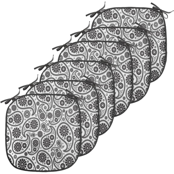 LEHOME Paisley Chair Seating Cushion Set of 6, Sixties Themed Design with Floral Geometrical Details Circle Backgrounded, Anti-Slip Seat Padding for Kitchen & Patio, 16"x16", Black and White
