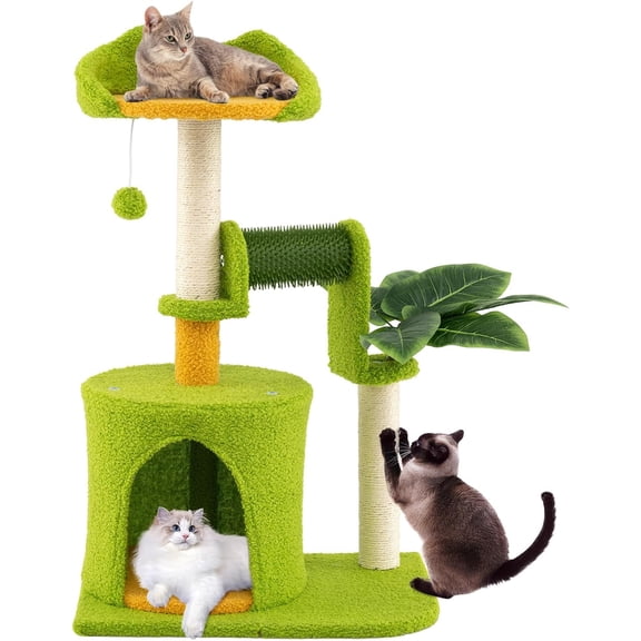 LEHOME Palm Small Cat Tree, Cute Cat Tower with Sisal Scratching Posts, Top Perch, Condo, Self Groomer & Dangling Ball, Unique Cat Tree Tower with Green Leaves for Indoor Cats