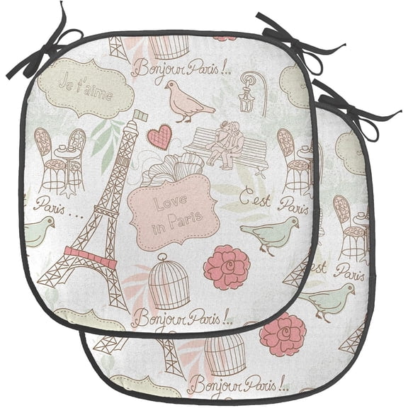 LEHOME Paris Chair Seating Cushion Set of 4, French Pop Culture Lovers in Streets Bonjour Je T'Aime Flower Pastel Life Image, Anti-Slip Seat Padding for Kitchen & Patio, 16"x16", Dried Rose Cream