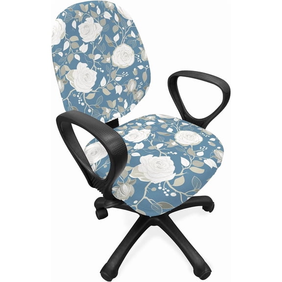 LEHOME Periwinkle Office Chair Slipcover, Delicate Beauty of The Roses Soft Petals Orderly Repeated Illustration, Protective Stretch Decorative Fabric Cover, Standard Size, Blue Grey Pale Tan