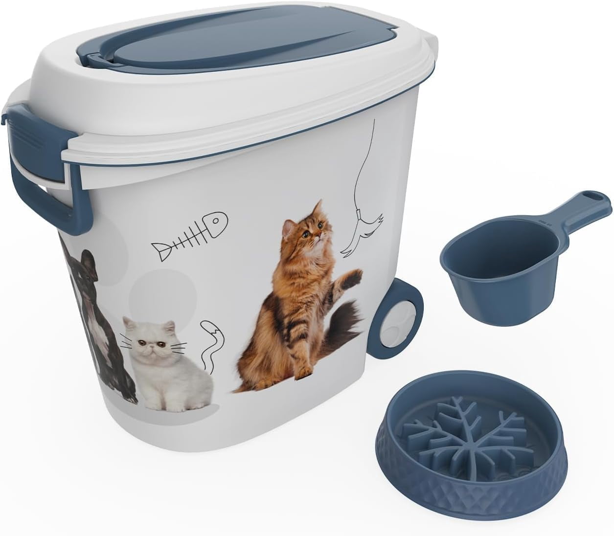 LEHOME Pet Food Storage Container with Wheels Resin 30LB Capacity Dog Food Container with Slow Feeder Bowl and Scoop Easy to Move to Keep Food Fresh for Dogs, Cats, Birds