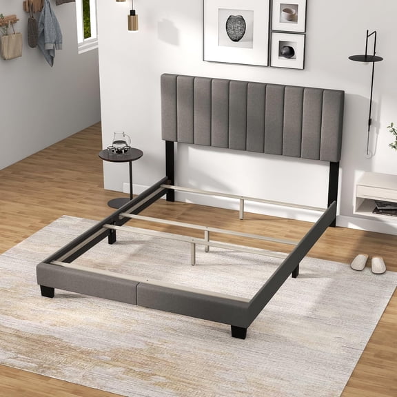 LEHOME Queen Size Platform Bed Frame, Box Spring Needed, Modern Upholstered Mattress Foundation with Linen Fabric Headboard, Solid Wood Legs, No Slatted Bed Frame for Adjustable Bed Base, Gray